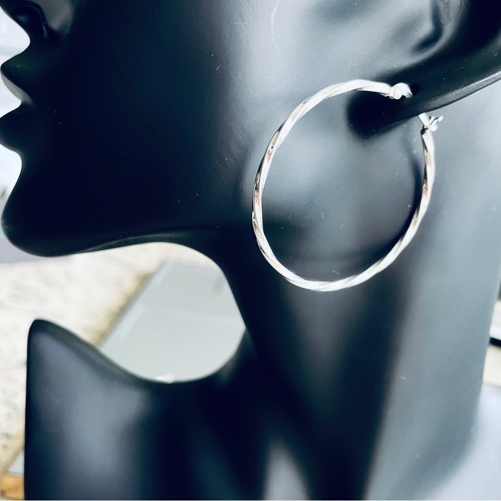 Twisted Textured Large Round Hoop Sterling Silver Earrings